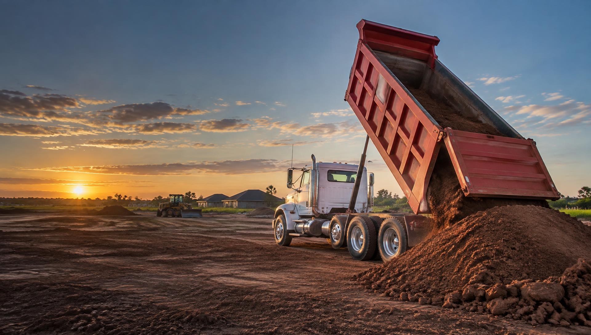 Dump truck unloading fill dirt at a South Texas construction site